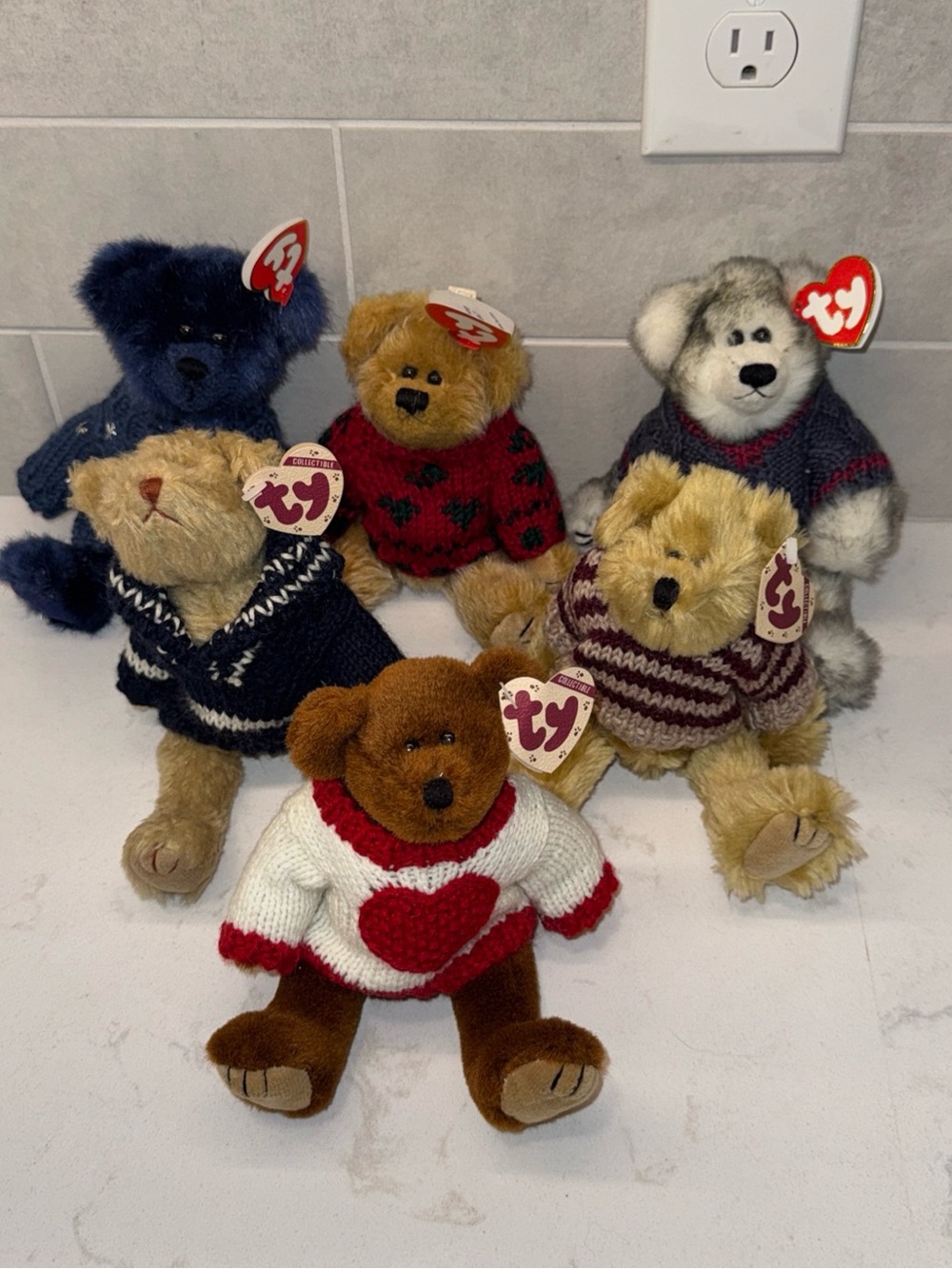 Ty Attic Treasures NWT Plush Bear Set Blue, Red, White, Gray, Brown sweaters
